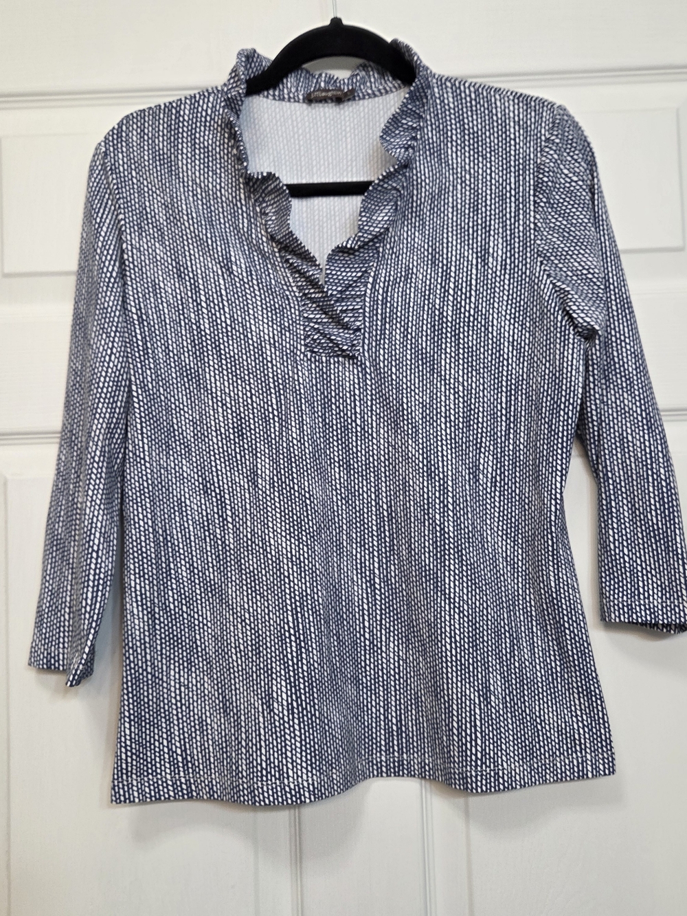 J. McLaughlin Navy White Geometric Print Ruffle Neck Top L